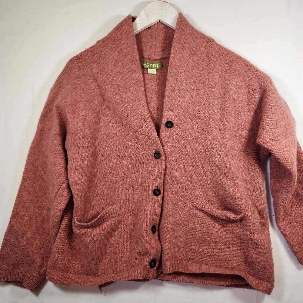 Esprit Womens Lambswool Blend Shawl‎ Collar Cardigan Sweater Pink Size XS Pocket